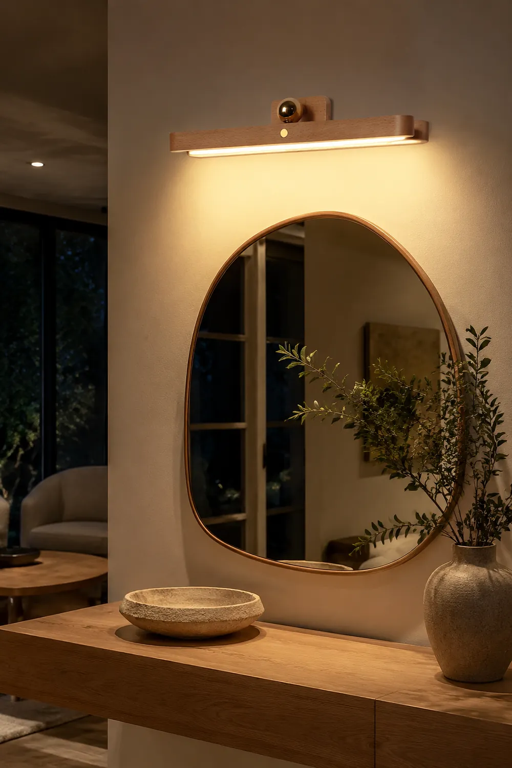 Ozawa Retro Oval Wood/Acrylic/Metal Wall Lamp, Front Mirror Vanity - Lumpaz