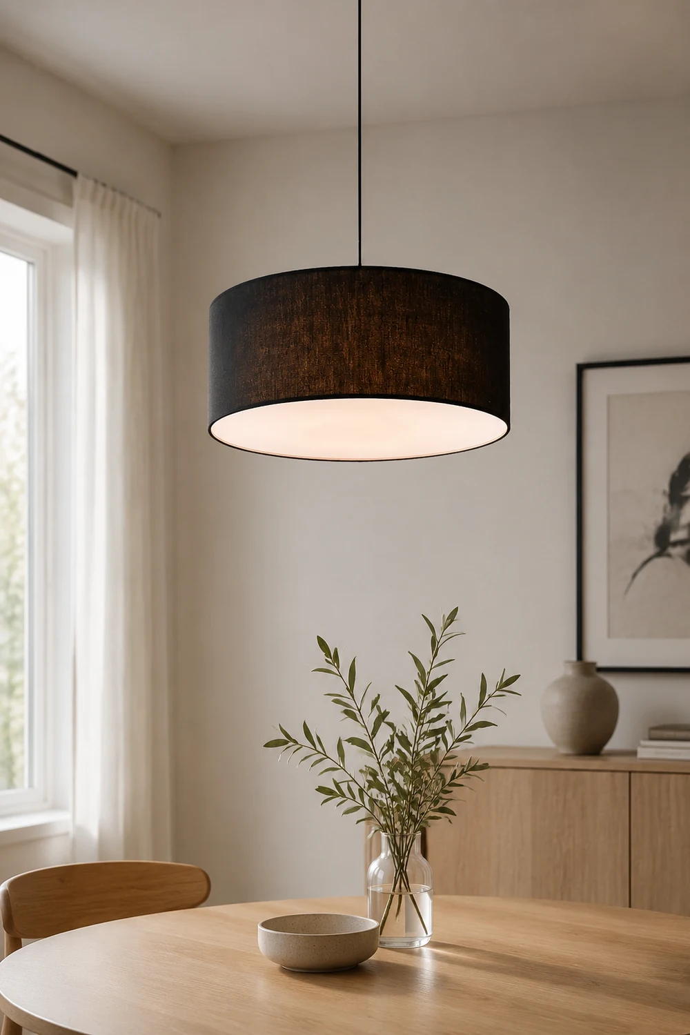 Renée Modern Fabric Drum Pendant Light Black/White Metal/Fabric - Lumpaz
