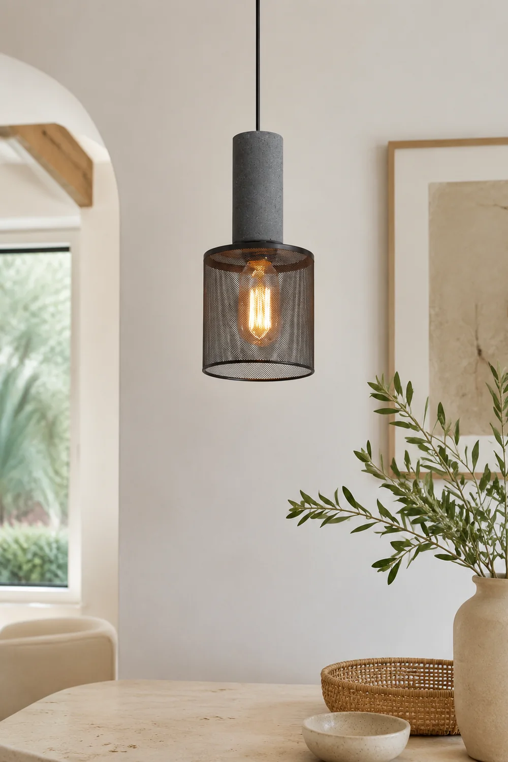 Zaid Industrial Cylindrical Pendant Light, Cement/Metal, Wabi-Sabi - Lumpaz