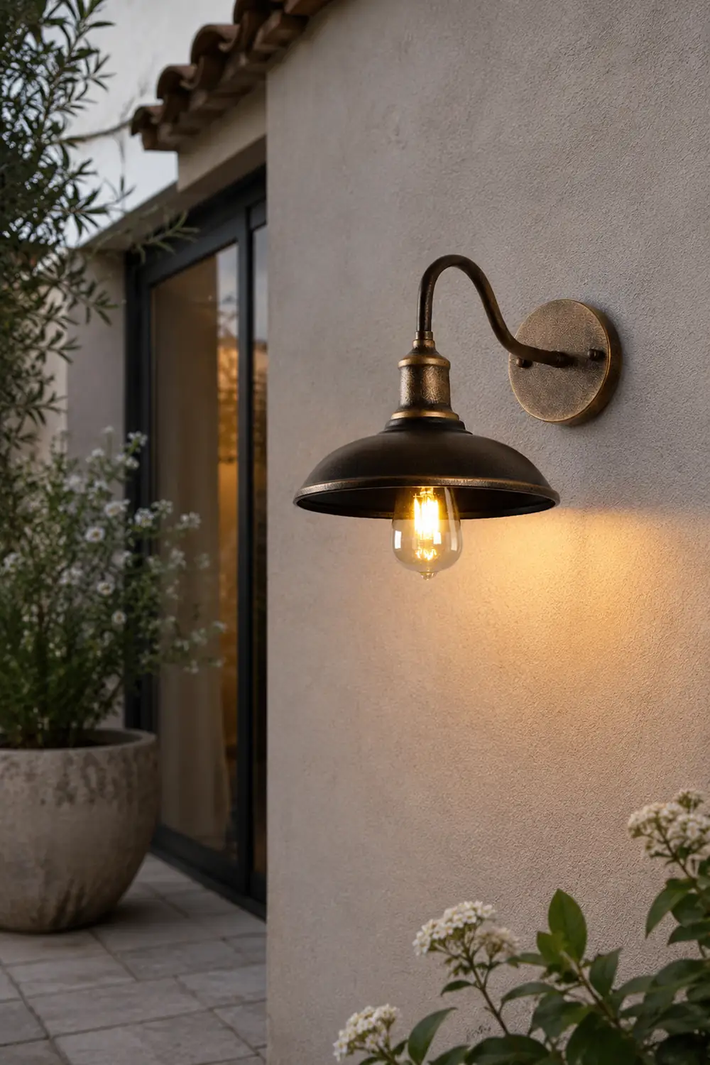 Alessio Rustic Bowl Shaped Metal Outdoor Wall Lamp, Antique Brass - Lumpaz