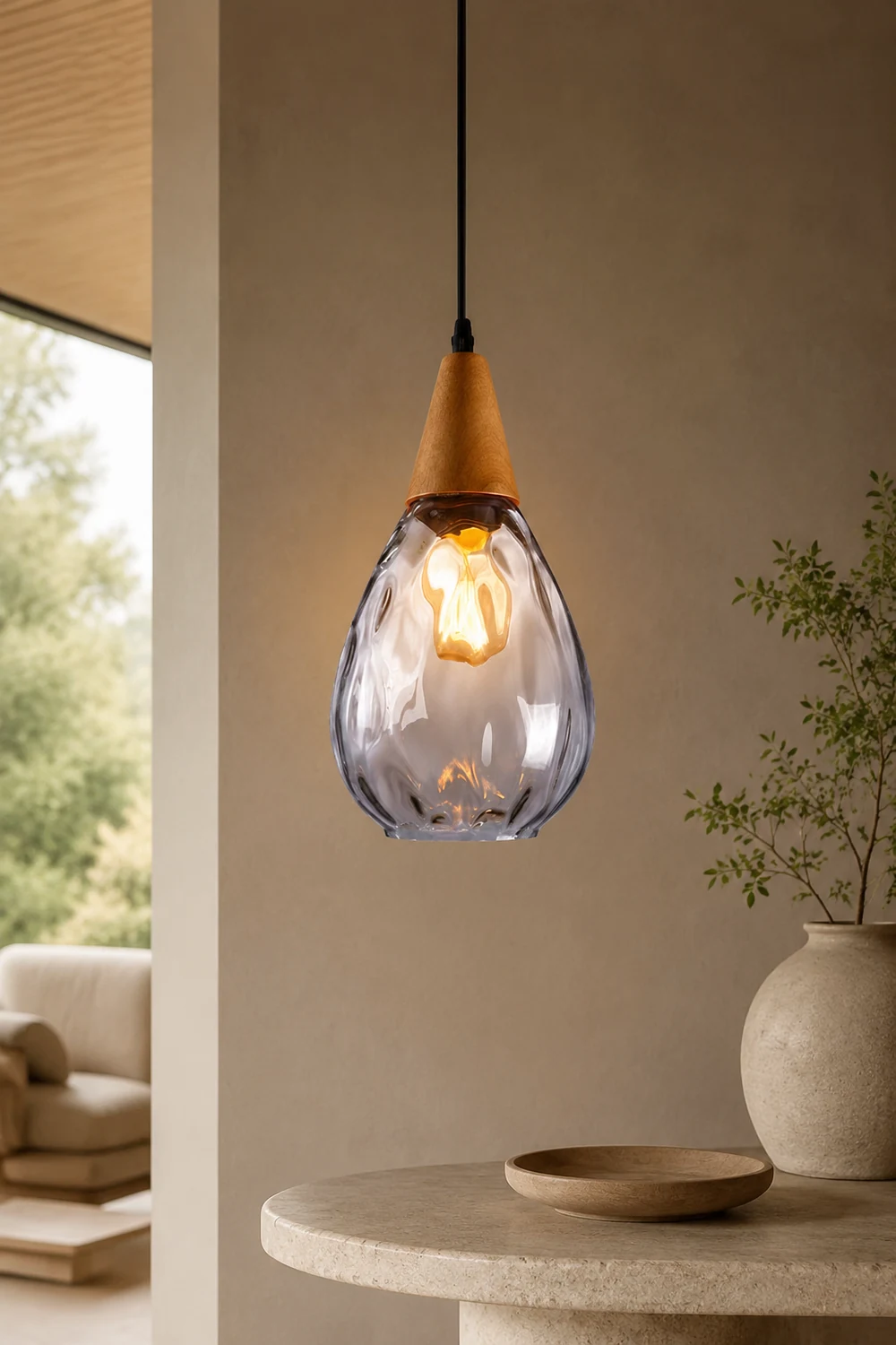 Avi Vintage Teardrop Pendant Light, Glass/Wood - Lumpaz