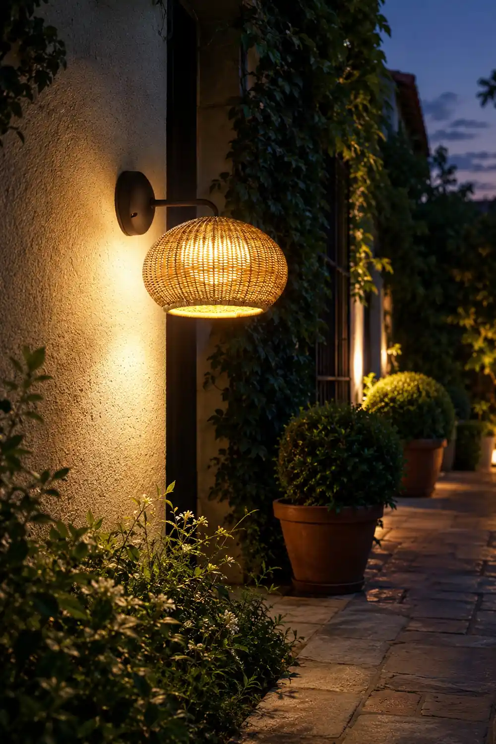 Ritta Farmhouse Metal/Rattan Outdoor Wall Lamp, Log Color - Lumpaz