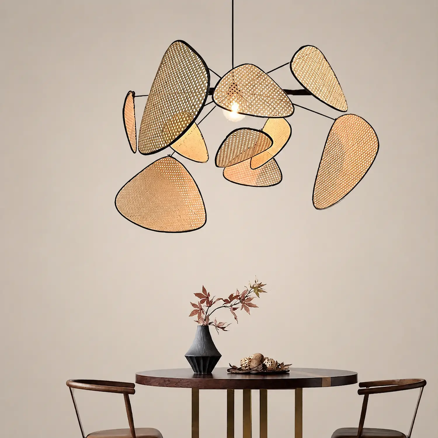 Ritta Pendant Light Leaf Grid, Rattan/Metal, Bedroom - Lumpaz