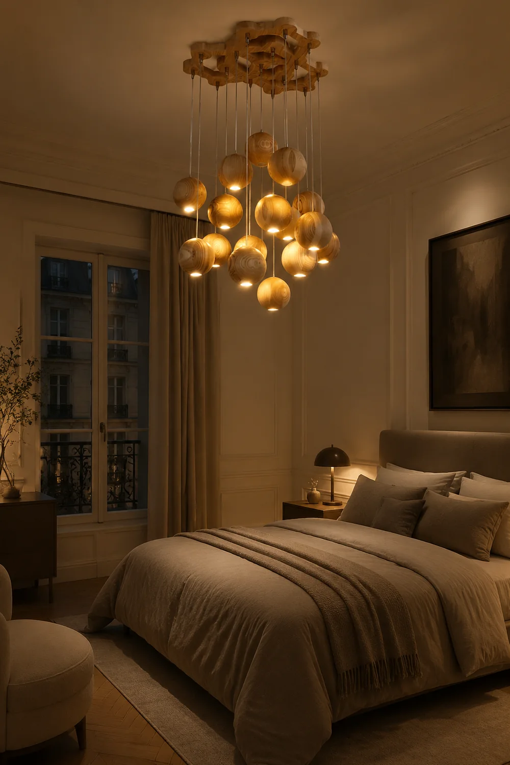 Ozawa Pendant Light Globe Minimalist, Cluster Wood, log color, Kitchen Island - Lumpaz