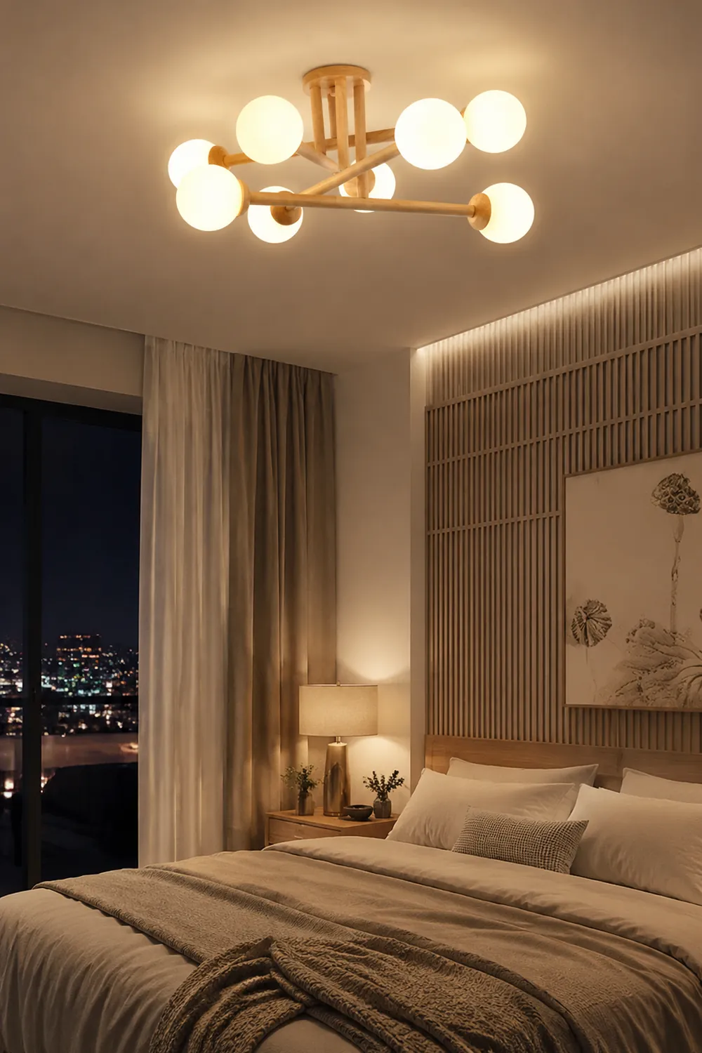 Ozawa Modern Globe Wood/Glass Flush Mount Ceiling Light - Lumpaz
