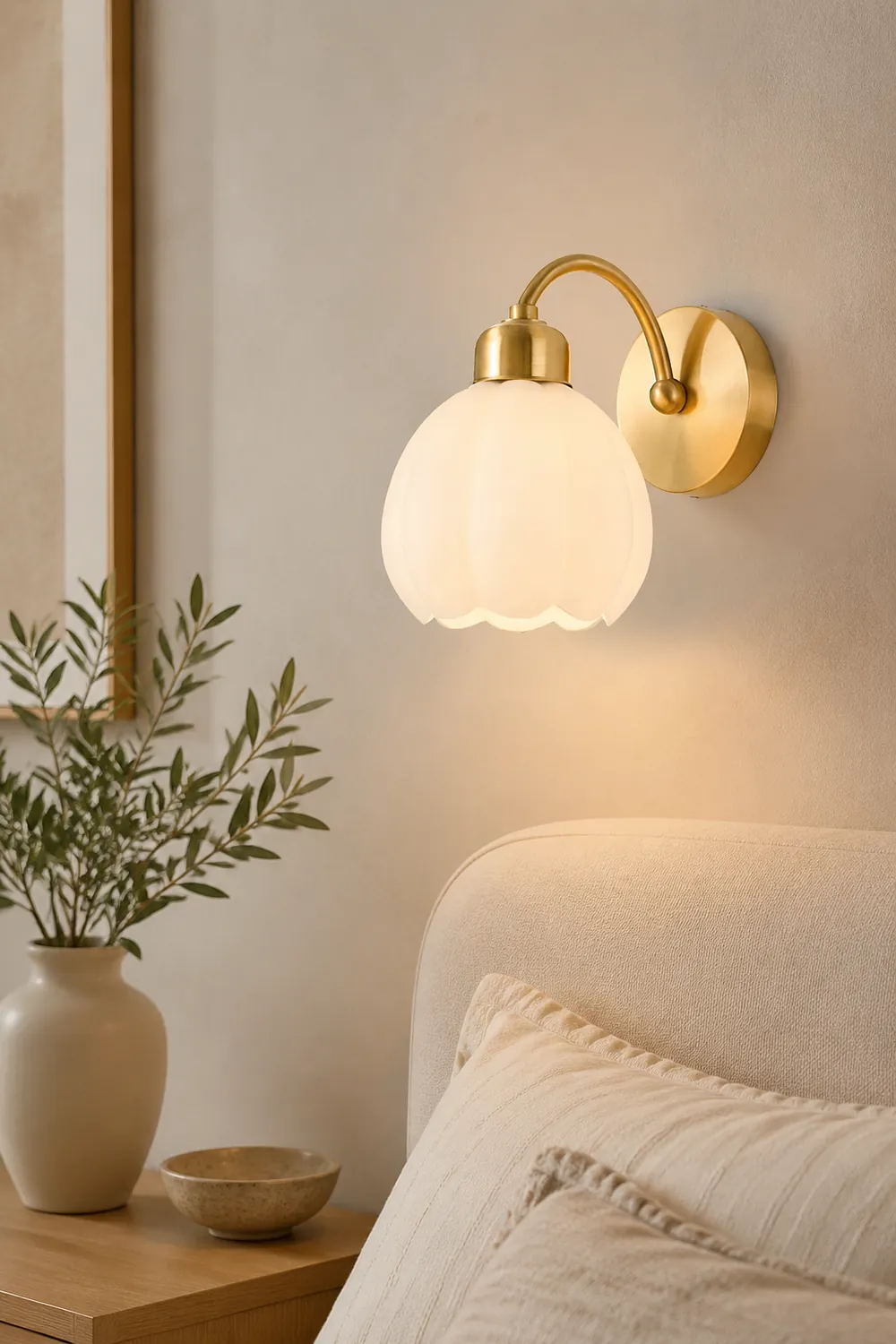 Lily Nordic Flower Glass Metal Wall Lamp Gold/Ivory Bedroom - Lumpaz