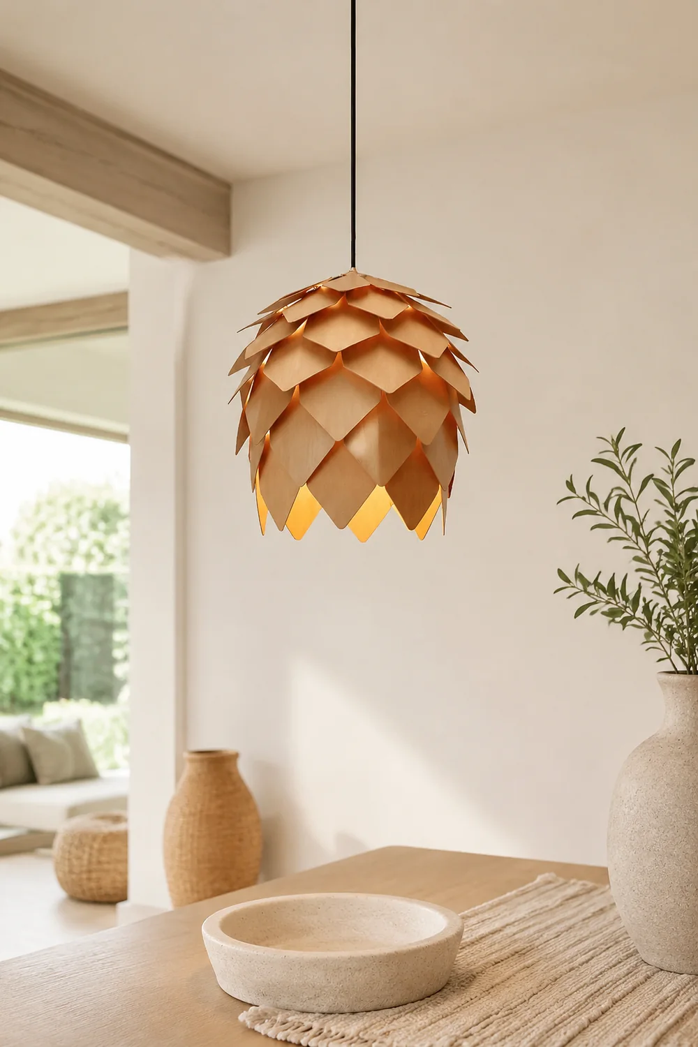Ozawa Designer Pinecone Shape Wood Pendant Light, 10"/16"/19.5"/23.5" - Lumpaz