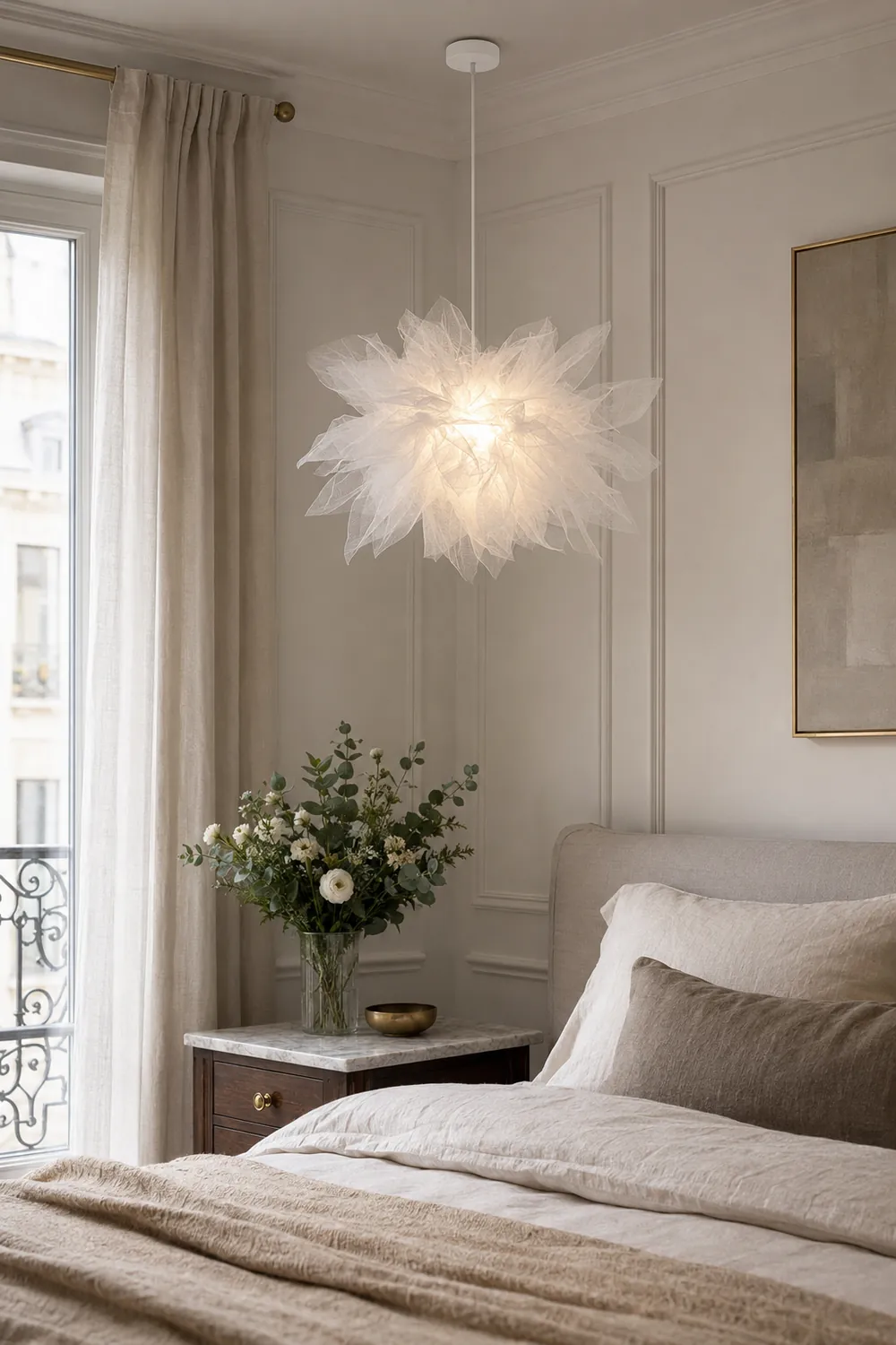 Bella Modern Flower Fabric Pendant Light, Bedroom, White - Lumpaz