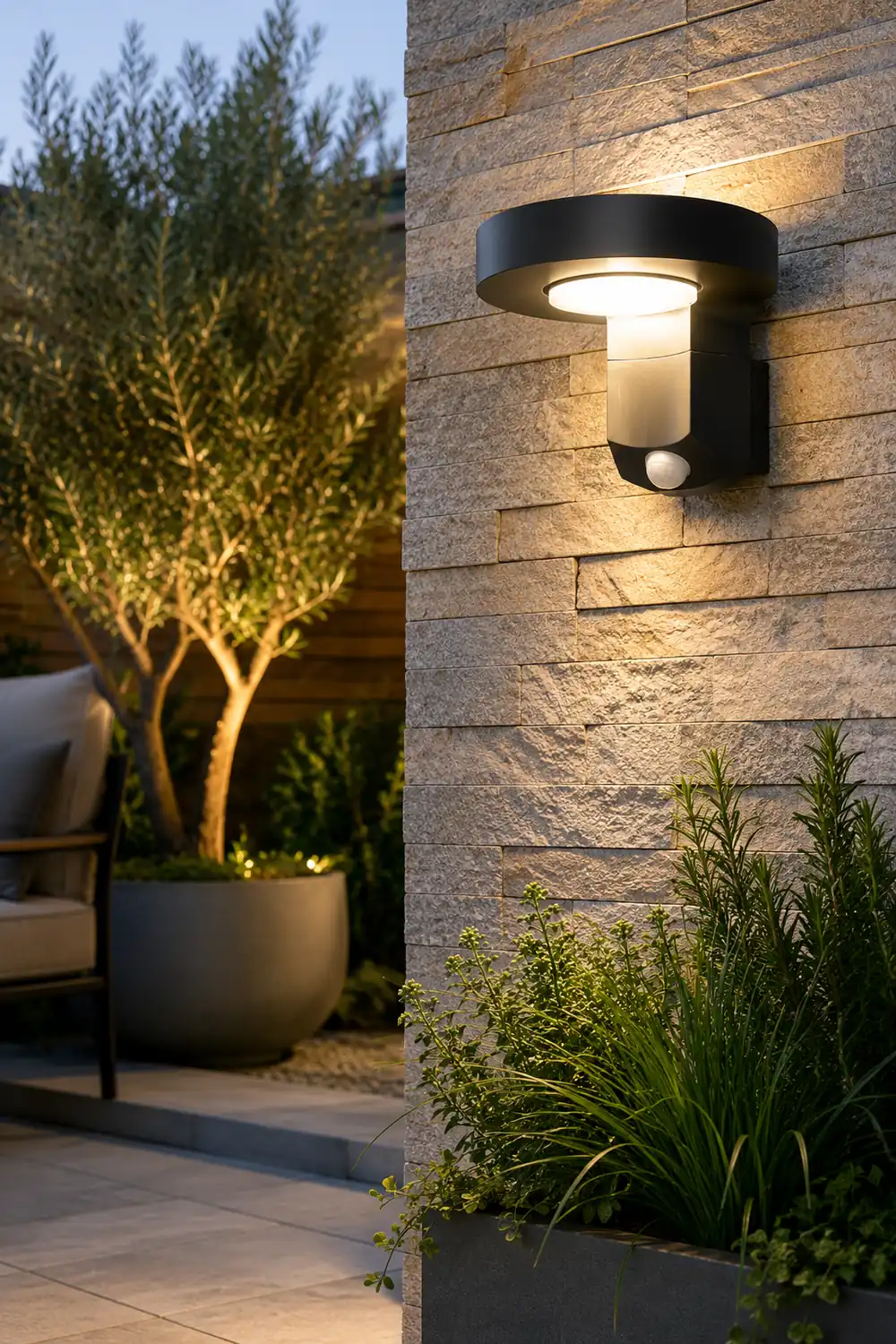 Orr Modern Round Metal/Acrylic Sensor Solar Waterproof Outdoor Wall Lamp, Black - Lumpaz