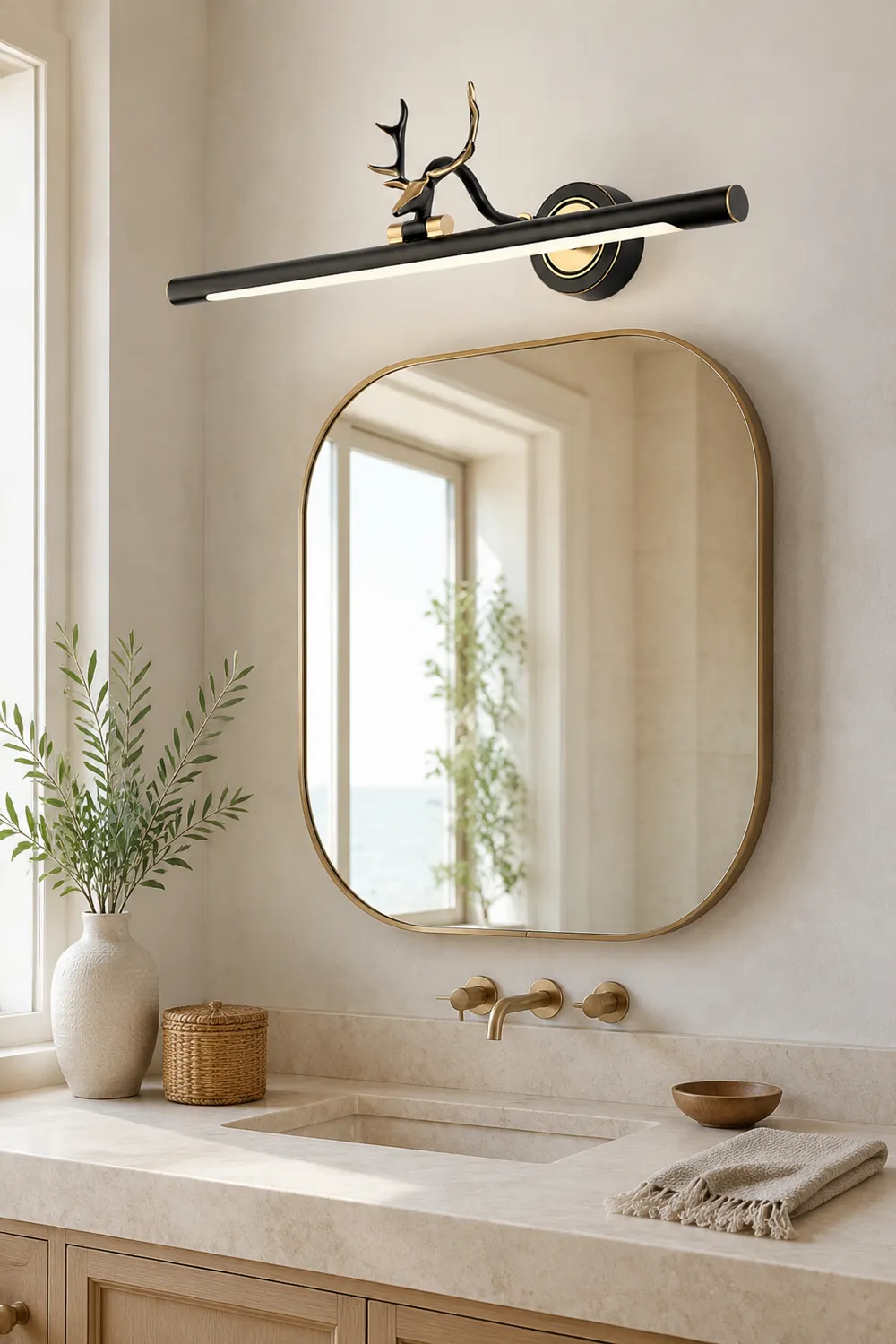 Leigh Decorative Deer Mirror Front Vanity Wall Lamp, Black/Gold - Lumpaz