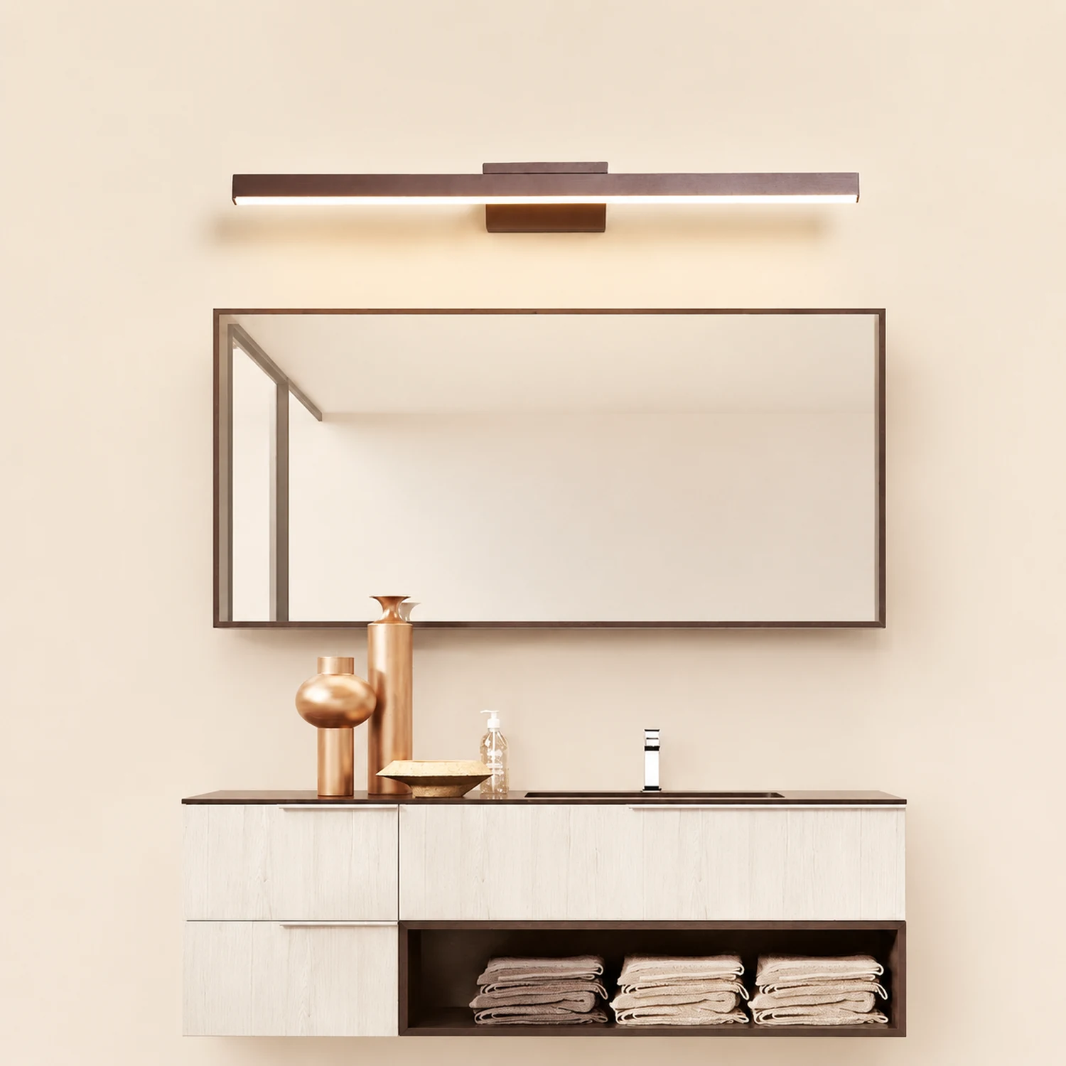 Leigh Modern Linear Metal Wall Lamp Mirror Front, Coffee - Lumpaz