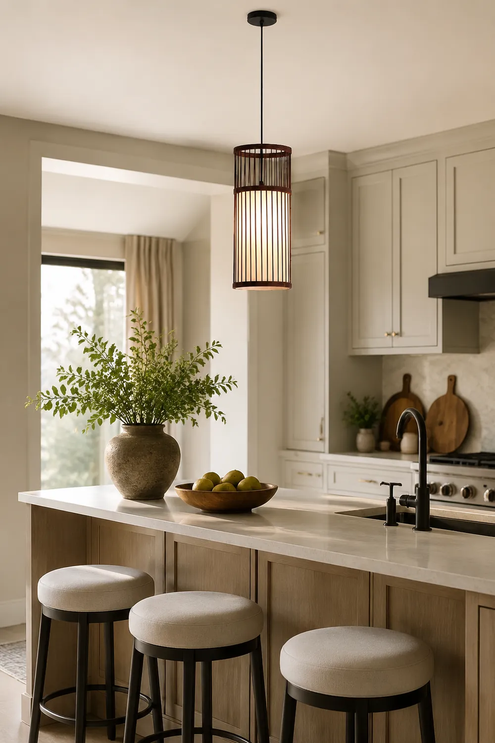 Ozawa Weave Cylinder Pendant Light, Coffee/Wood, Metal/Bamboo - Lumpaz