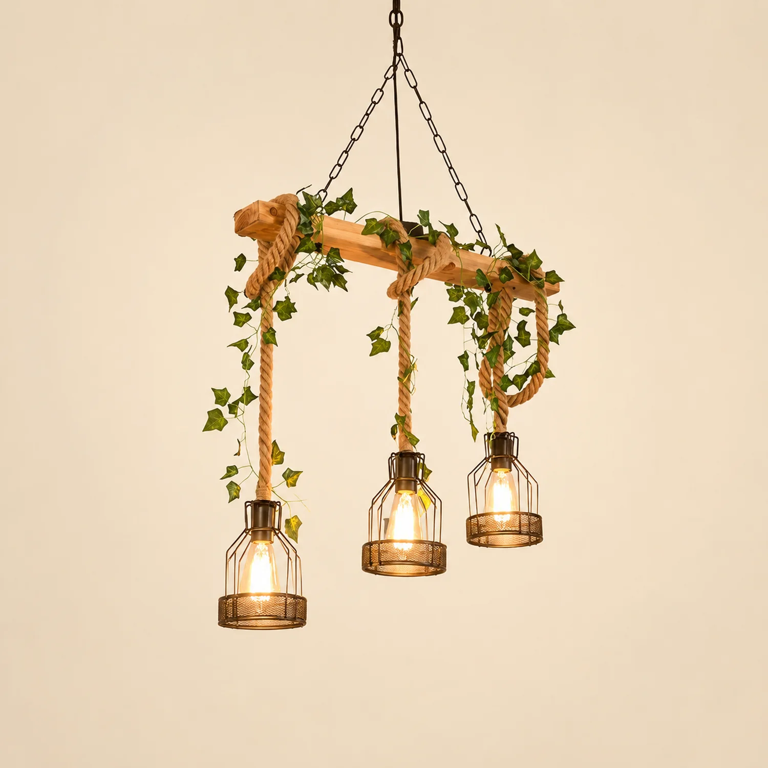 Alessio Caged Vintage Farmhouse Wood Beam Pendant Light 3/5 Heads - Lumpaz