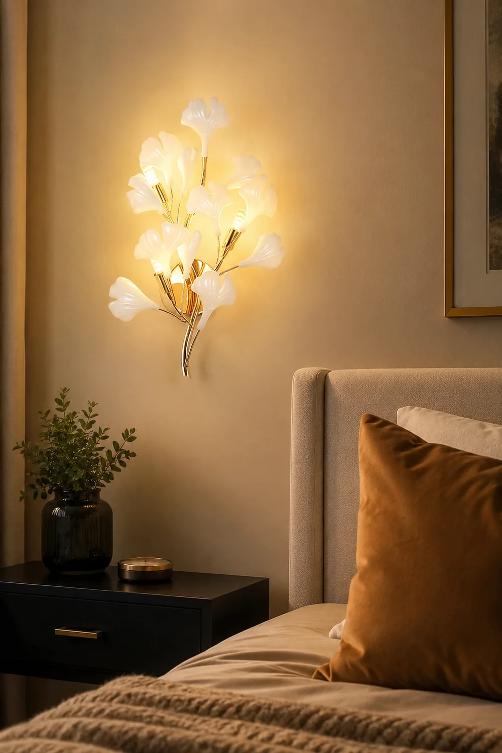 Ophelia Decorative Flower Ceramic/Metal Wall Lamp White/Gold Bedroom - Lumpaz