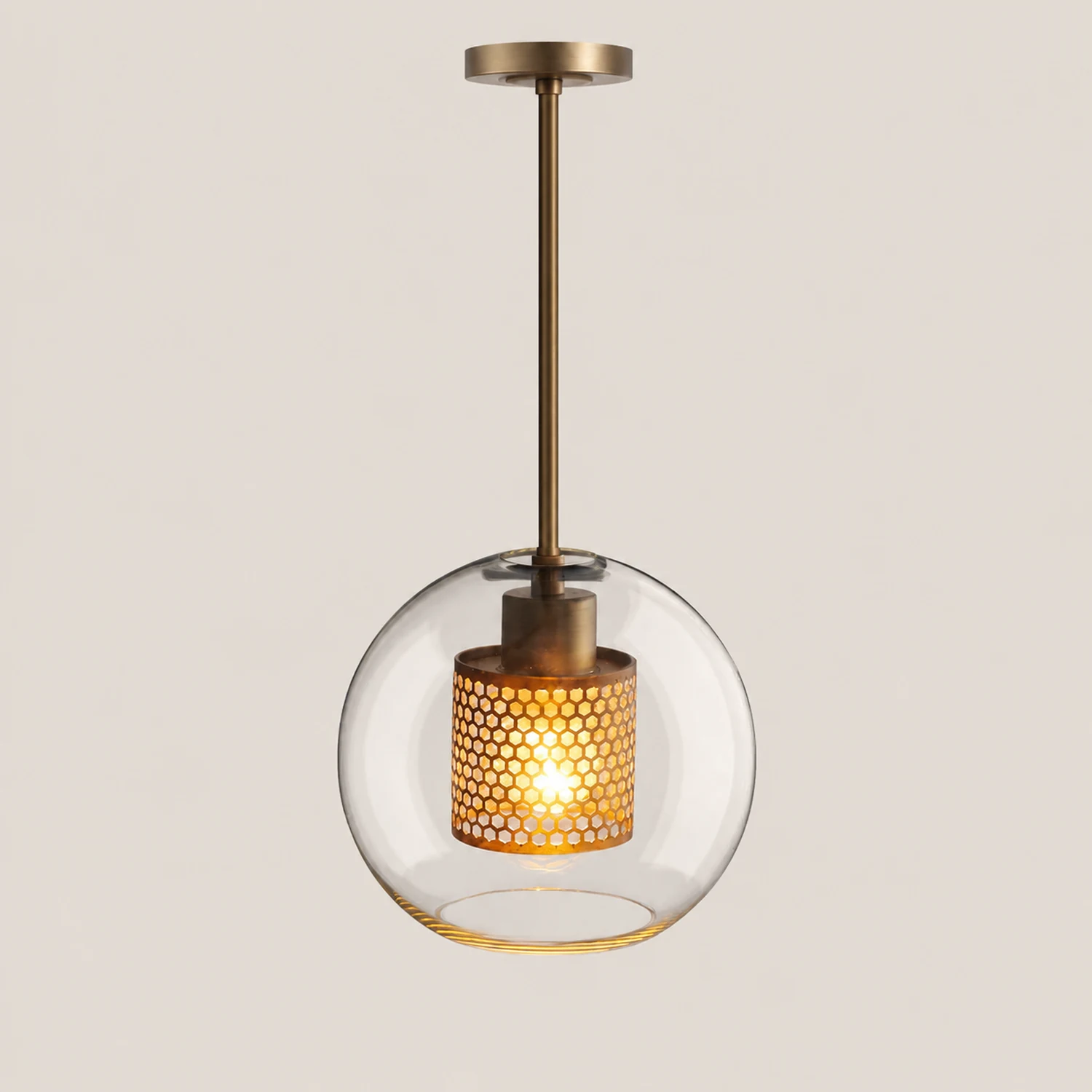 Oneal Contemporary Golden Pendant Light, Metal/Glass, Globe/Cylindric - Lumpaz