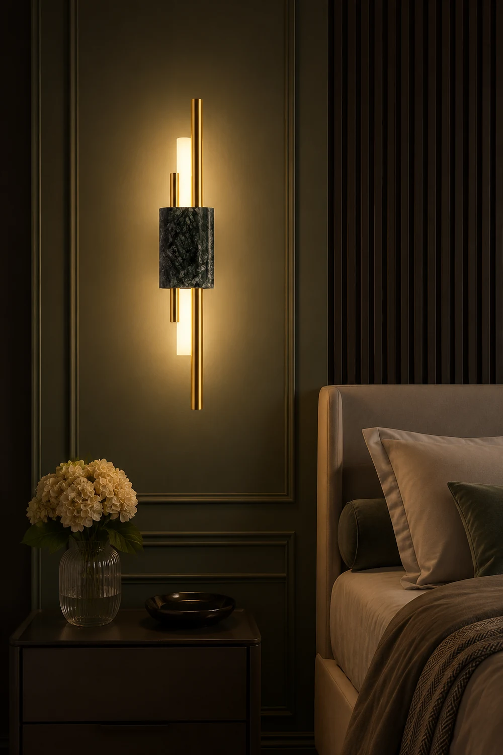 Alana Modern Metal/Marble LED Wall Lamp, Black/Gold/Green - Lumpaz