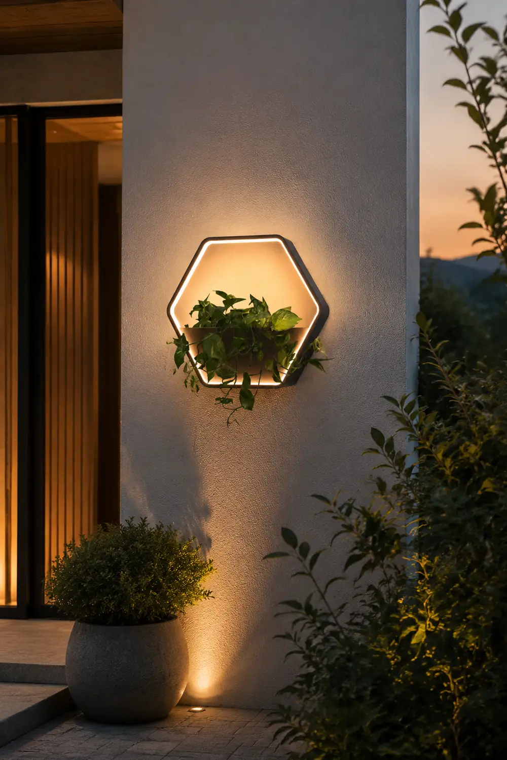 Orr Minimalist Hexagonal Ring With Shelf Metal Outdoor Wall Lamp, Black - Lumpaz
