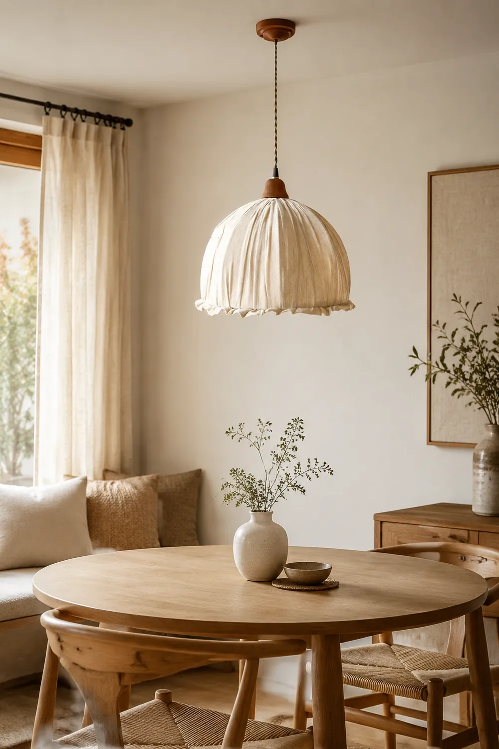 Nordic Vintage LED Pendant Light Beige Fabric Living Room - Lumpaz