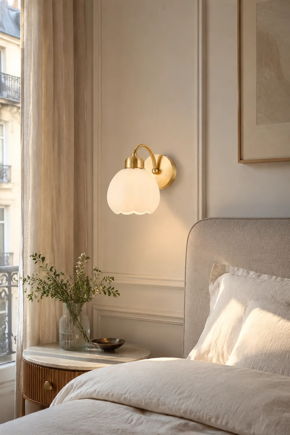 Lily Nordic Flower Glass Metal Wall Lamp Gold/Ivory Bedroom - Lumpaz
