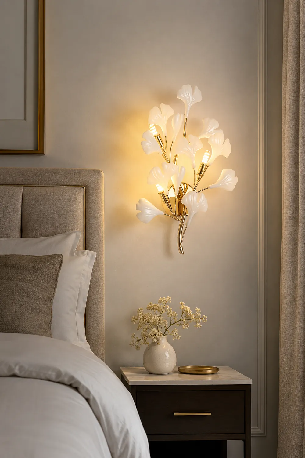 Ophelia Decorative Flower Ceramic/Metal Wall Lamp White/Gold Bedroom - Lumpaz