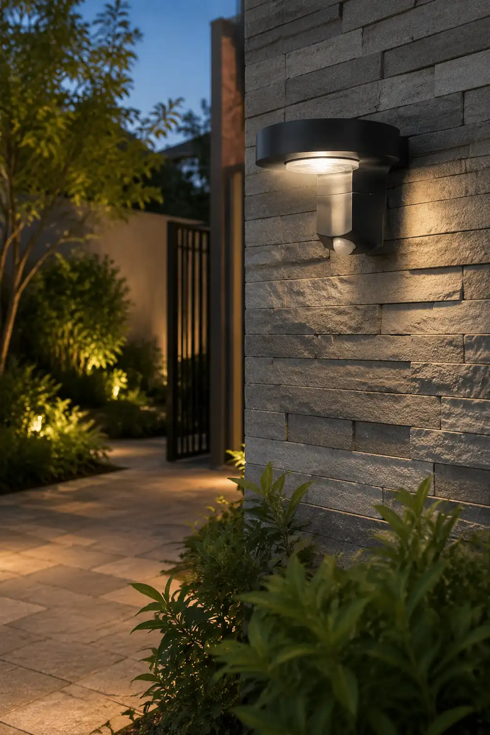 Orr Modern Round Metal/Acrylic Sensor Solar Waterproof Outdoor Wall Lamp, Black - Lumpaz