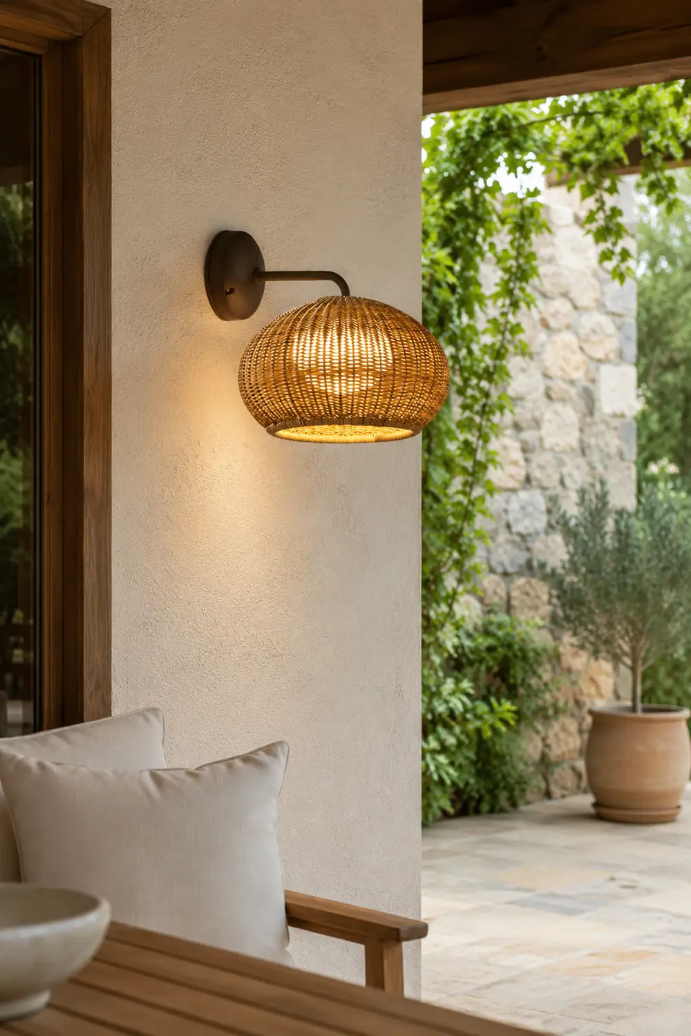 Ritta Farmhouse Metal/Rattan Outdoor Wall Lamp, Log Color - Lumpaz