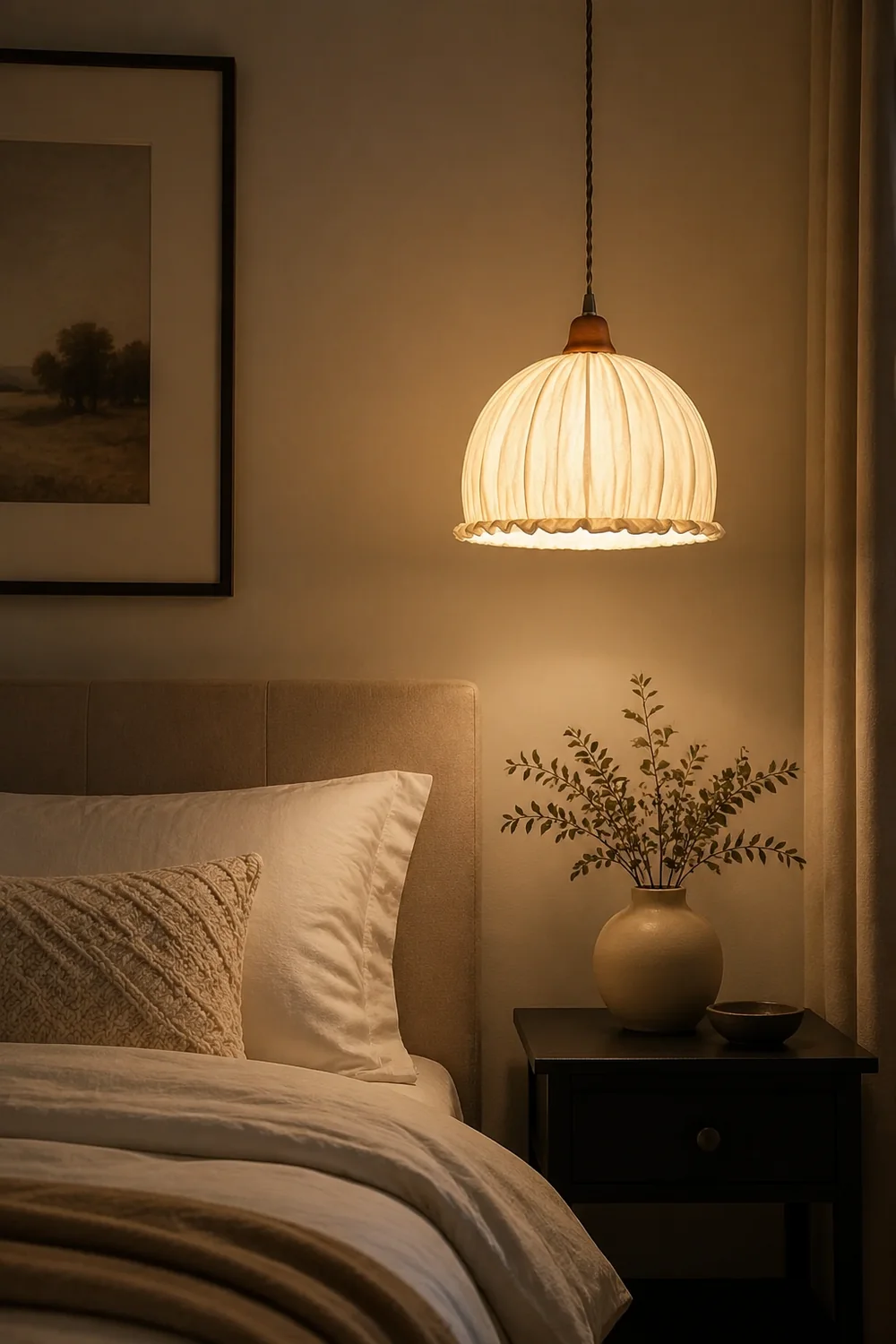 Nordic Vintage LED Pendant Light Beige Fabric Living Room - Lumpaz