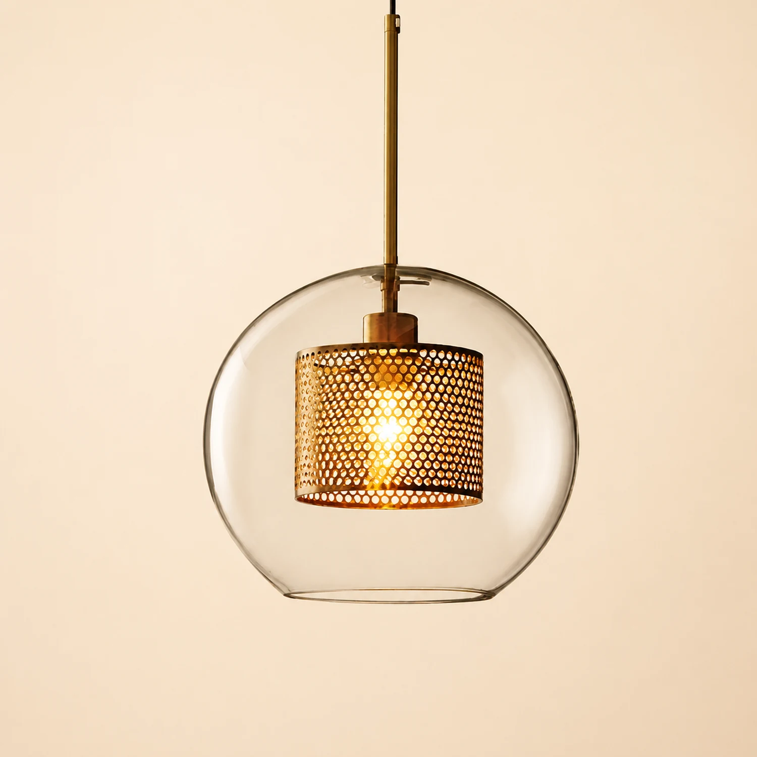 Oneal Contemporary Golden Pendant Light, Metal/Glass, Globe/Cylindric - Lumpaz