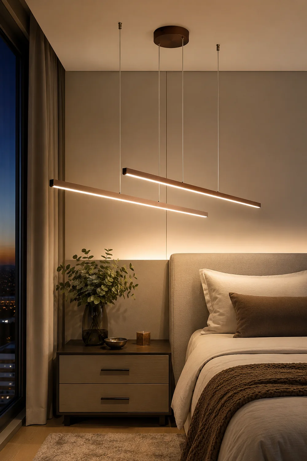 Edge Modern Minimalist Double-Linear Metal Pendant Light, Brown - Lumpaz