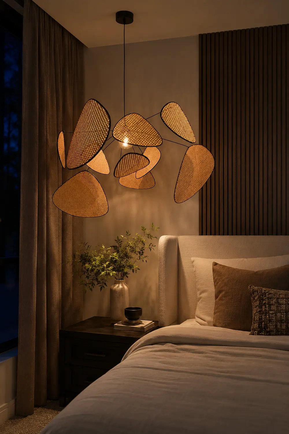 Ritta Pendant Light Leaf Grid, Rattan/Metal, Bedroom - Lumpaz