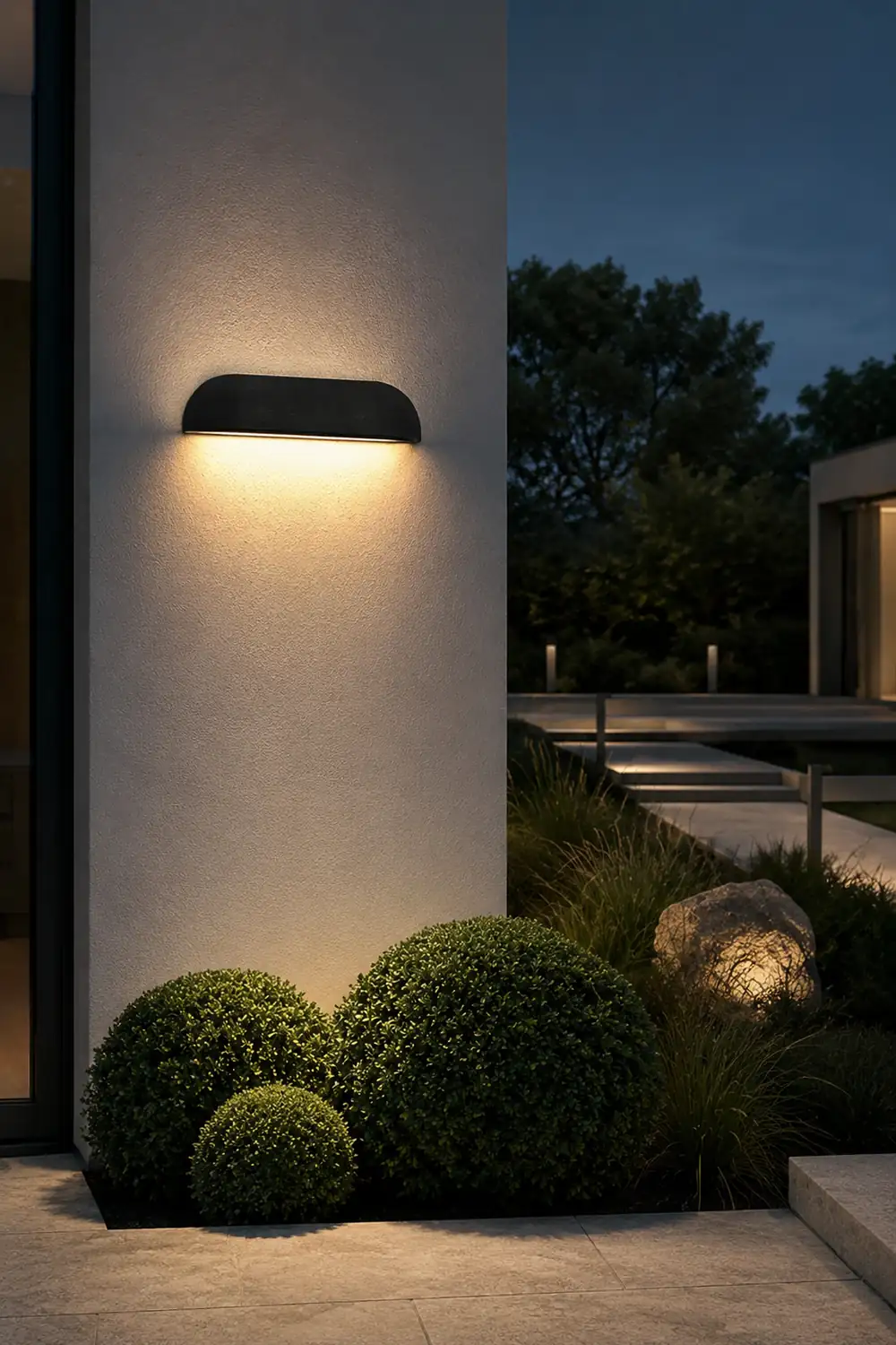 Orr Modern Minimalist Semi-elliptical Metal/Stone Outdoor Wall Lamp, Black/White - Lumpaz