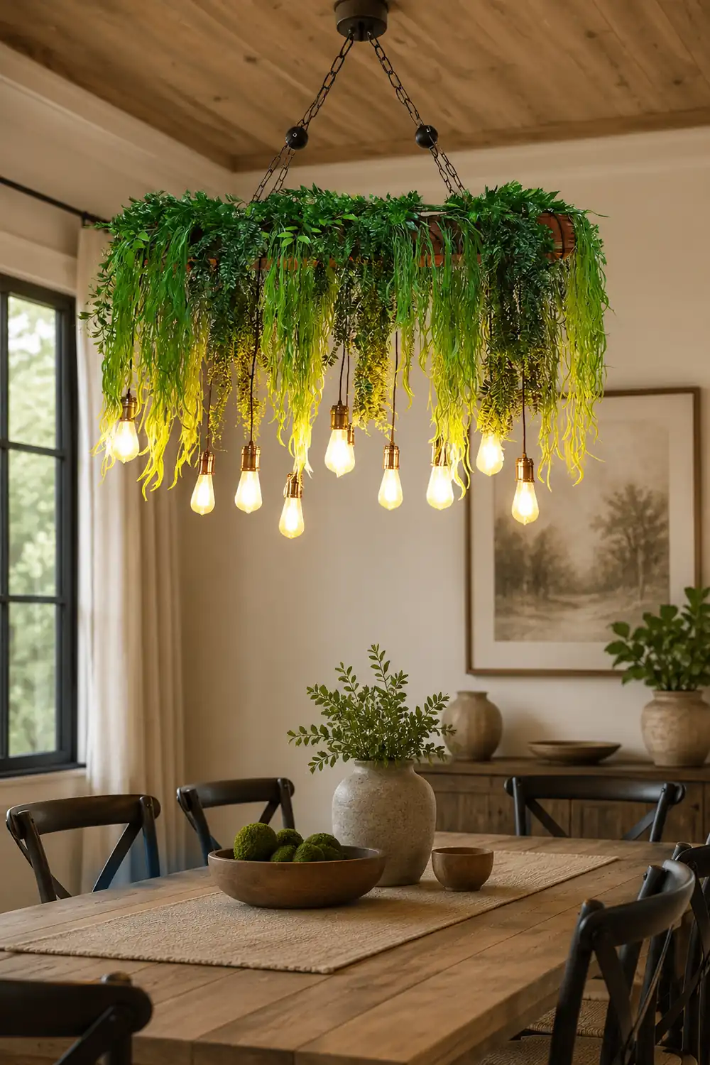 Nest Natural Decorative Rectangular Plant Metal Pendant Light Green - Lumpaz