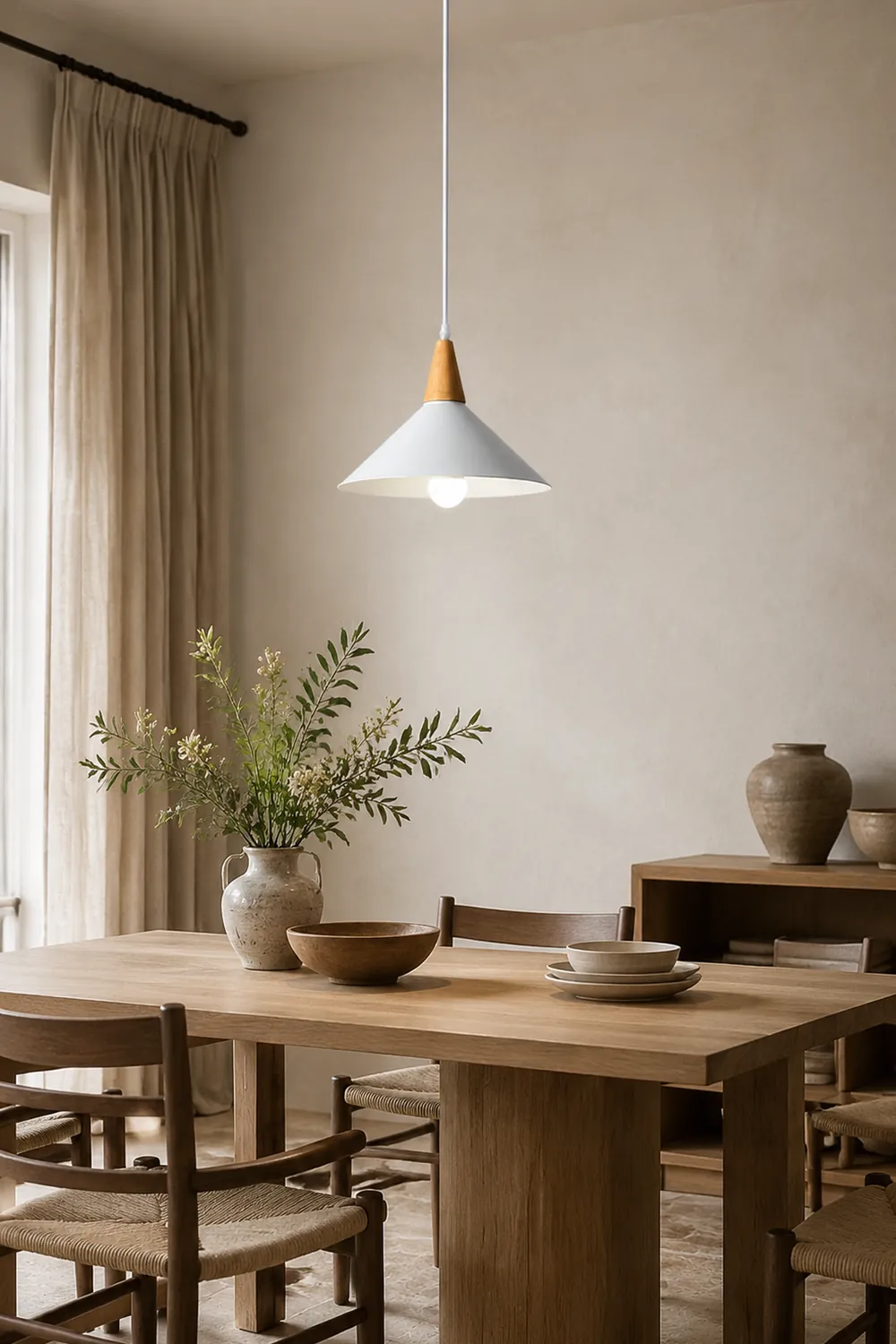 Morandi Minimalist Cap-shaped Metal Pendant Light, Natural Wood - Lumpaz