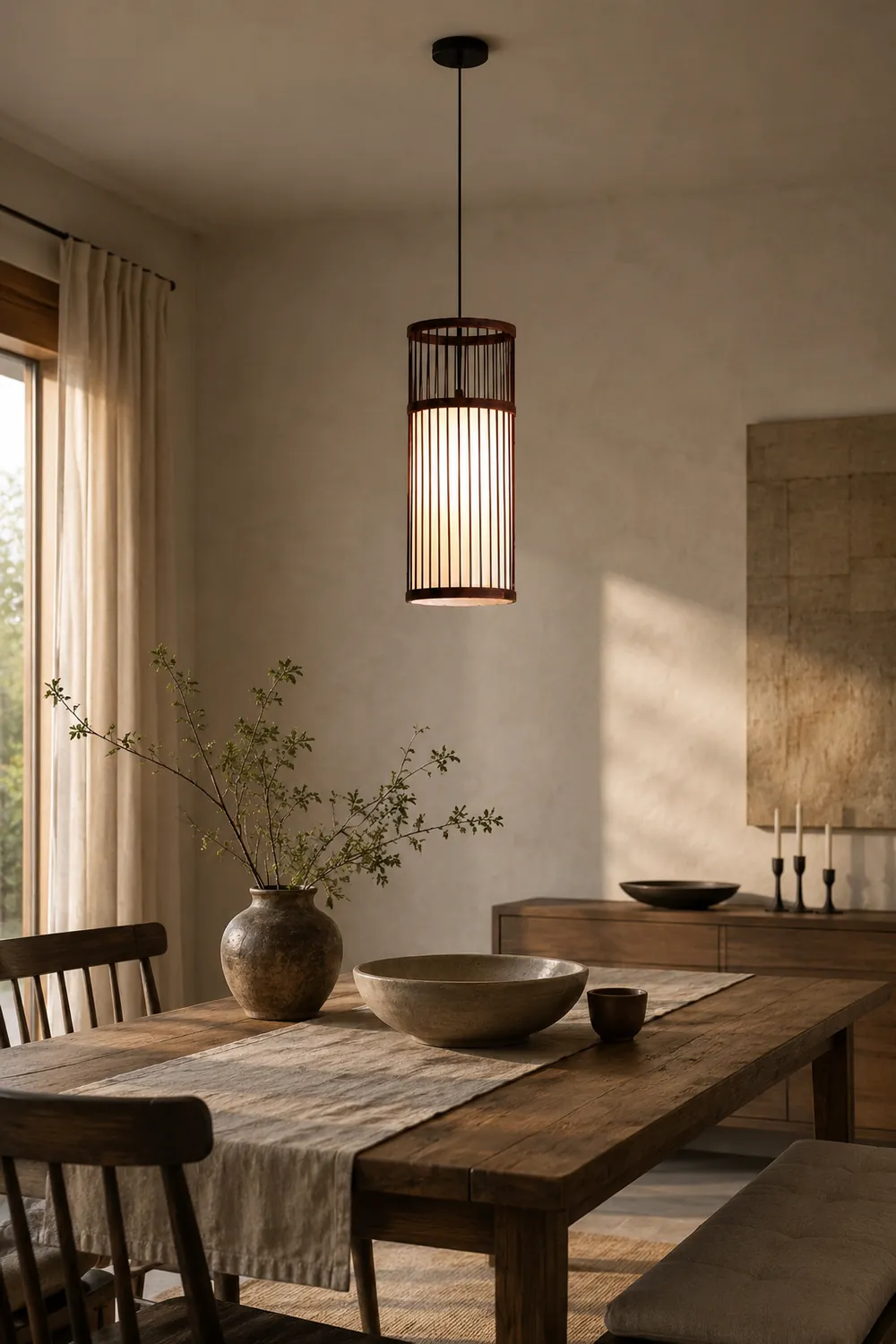 Ozawa Weave Cylinder Pendant Light, Coffee/Wood, Metal/Bamboo - Lumpaz