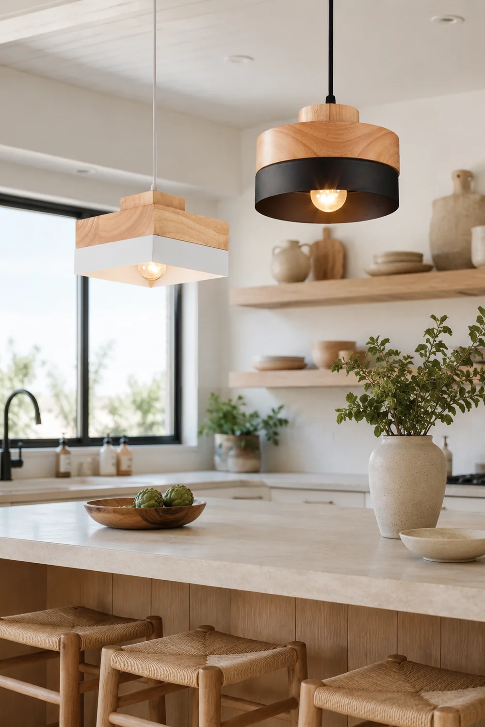 Morandi Modern Square Round Pendant Light Black White Metal Wood Living Room - Lumpaz