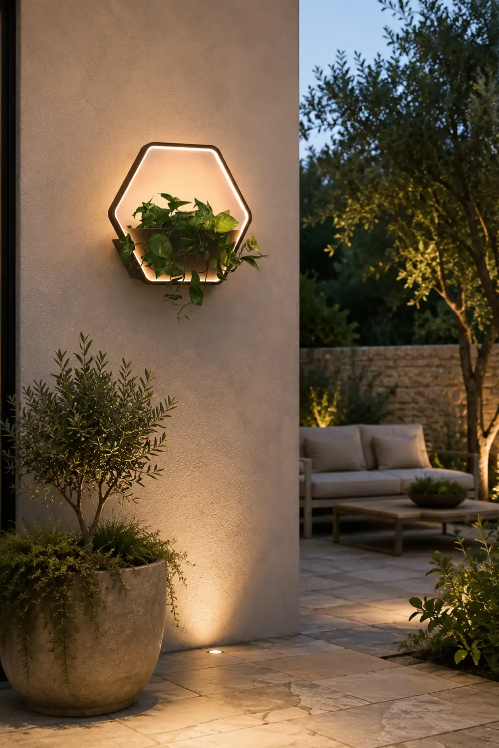 Orr Minimalist Hexagonal Ring With Shelf Metal Outdoor Wall Lamp, Black - Lumpaz