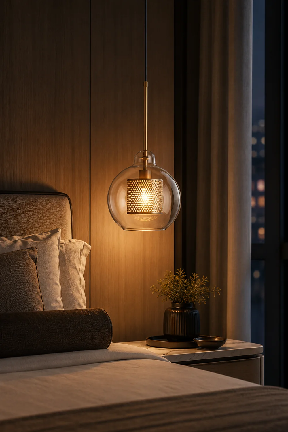 Oneal Contemporary Golden Pendant Light, Metal/Glass, Globe/Cylindric - Lumpaz
