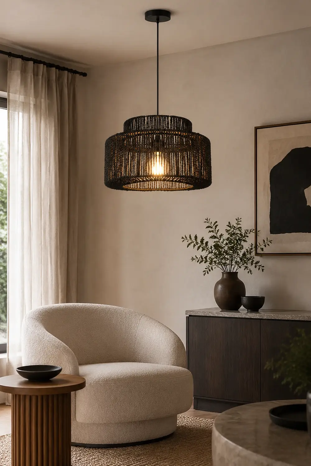 Muto Farmhouse Retro Rustic Drum Hanging Pendant Light, Black - Lumpaz