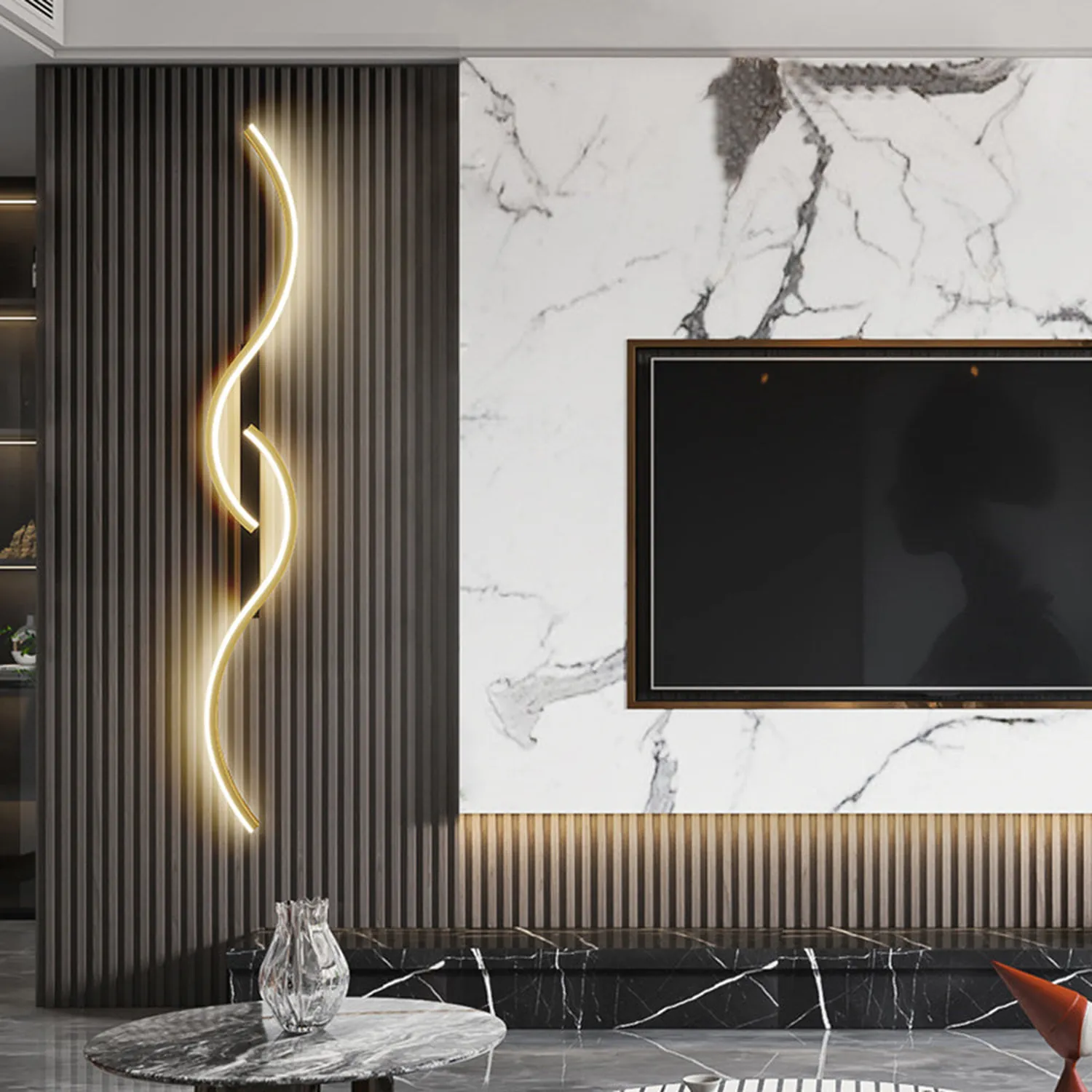 Modern Linear Wave Bedroom Wall Lamp Black/Gold Living Room - Lumpaz