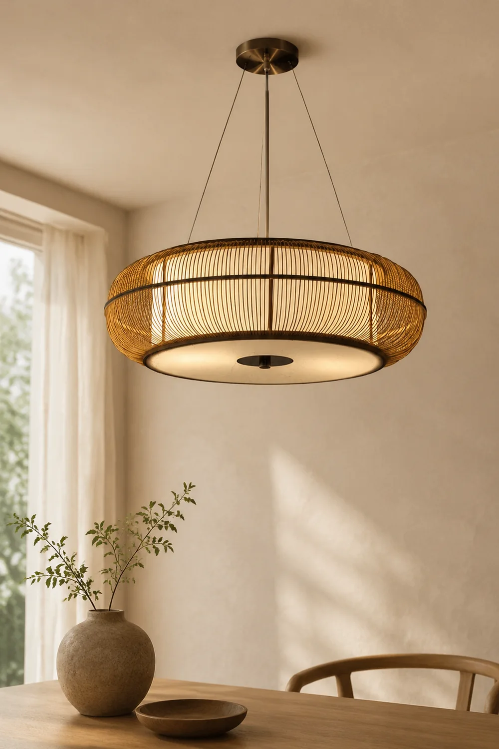 Ozawa Natural Basket Weave Wood/ Metal Pendant Light - Lumpaz