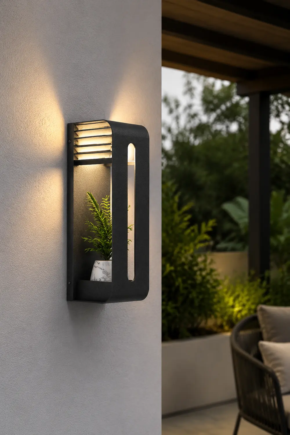 Orr Modern Rectangular Metal/Acrylic Solar Outdoor Plants Pot Holder Wall Lamp, Black - Lumpaz