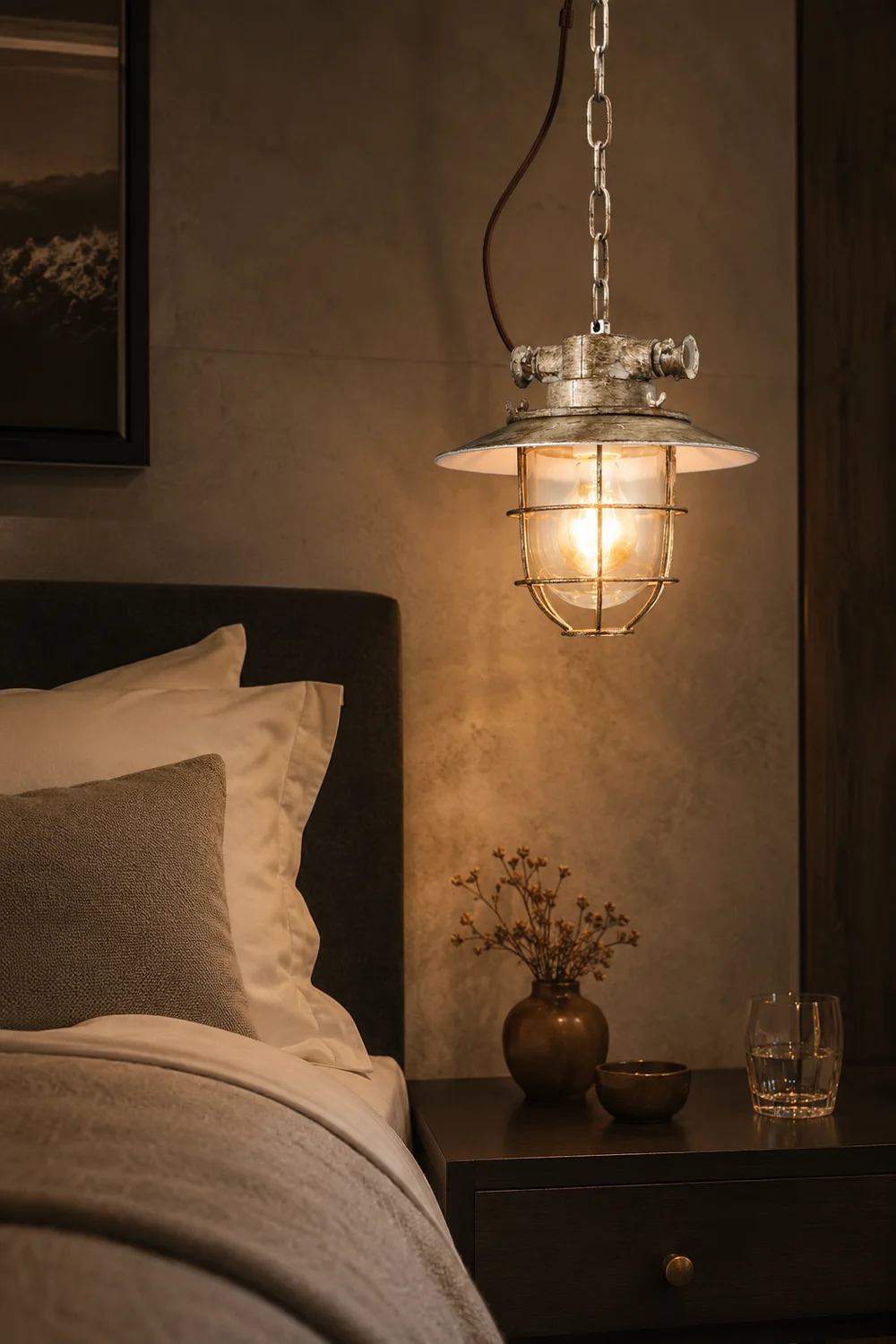 Alessio Industrial Metal/Glass Pendant Light White/Blue Bedroom - Lumpaz