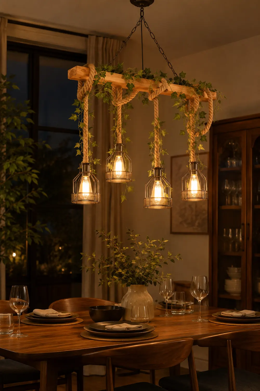 Alessio Caged Vintage Farmhouse Wood Beam Pendant Light 3/5 Heads - Lumpaz