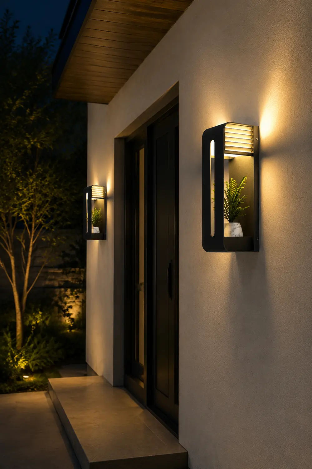 Orr Modern Rectangular Metal/Acrylic Solar Outdoor Plants Pot Holder Wall Lamp, Black - Lumpaz