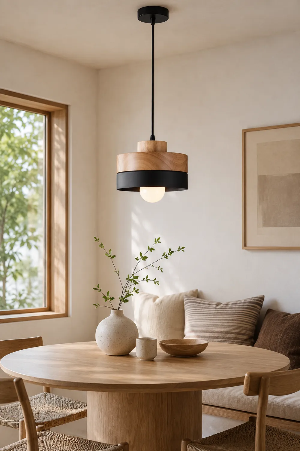Morandi Modern Square Round Pendant Light Black White Metal Wood Living Room - Lumpaz