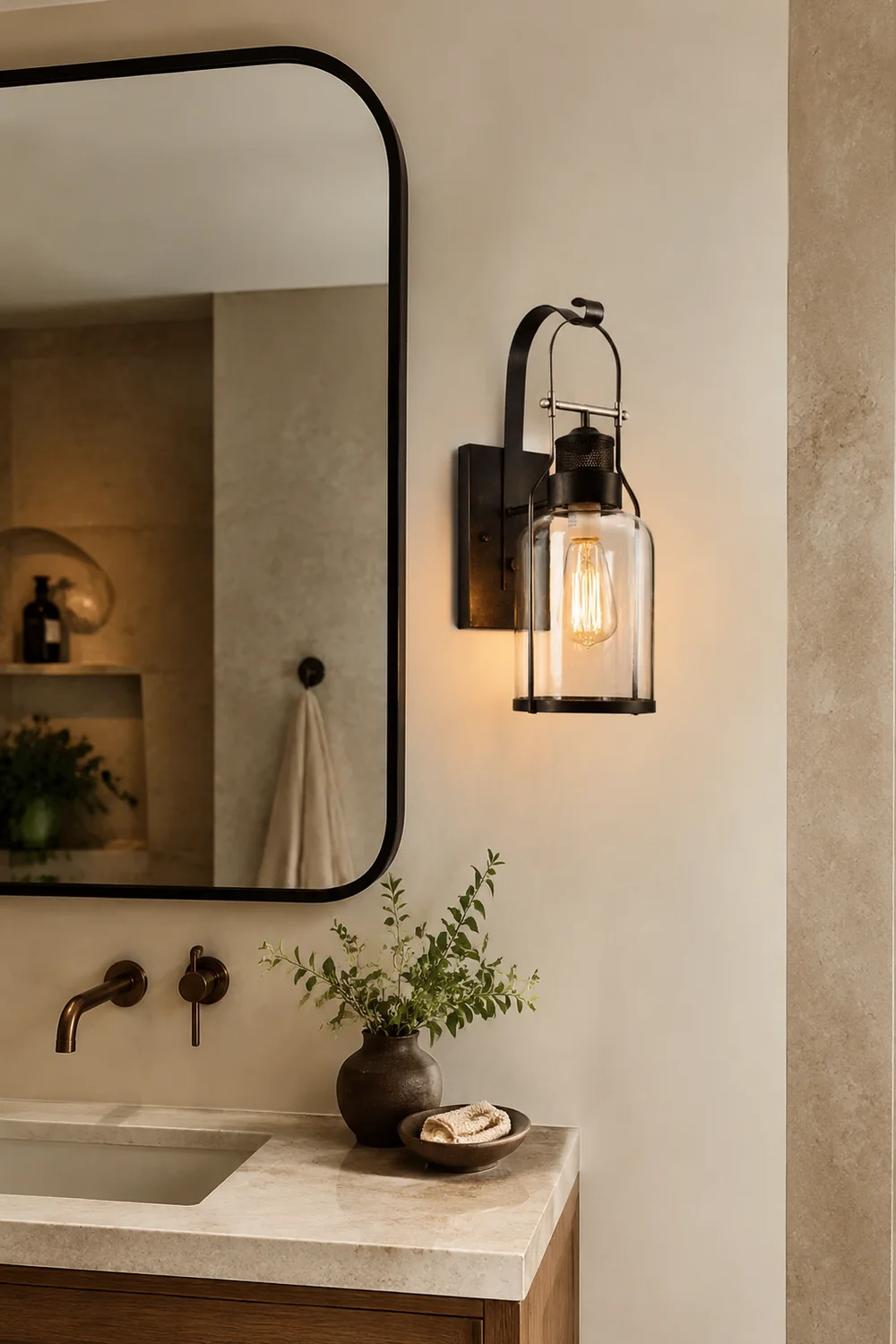 Alessio Vintage Lantern Glass/Metal Wall Lamp, Black/Rusty - Lumpaz