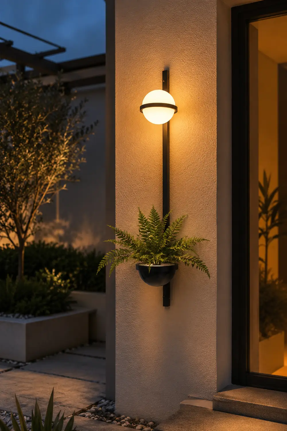 Valentina Modern Globe Metal/Acrylic Solar Outdoor Wall Lamp Plant Pot, Black/White - Lumpaz