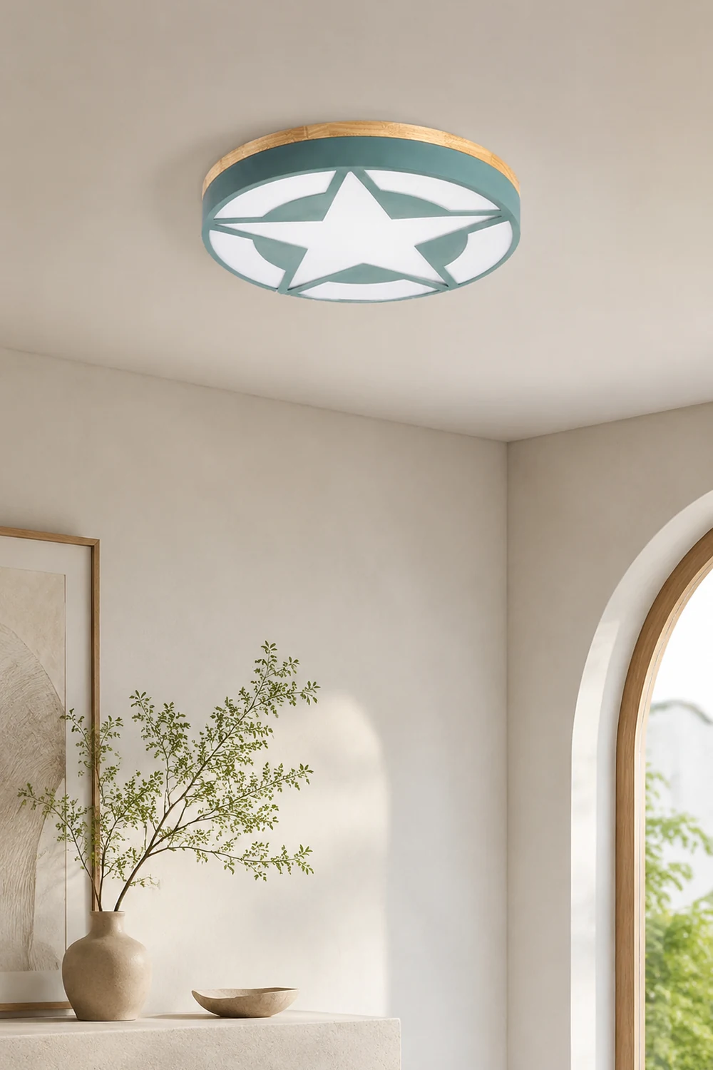 Quinn Modern Round Star Acrylic/Wood Flush Mount Ceiling Light, White/Green/Gray - Lumpaz