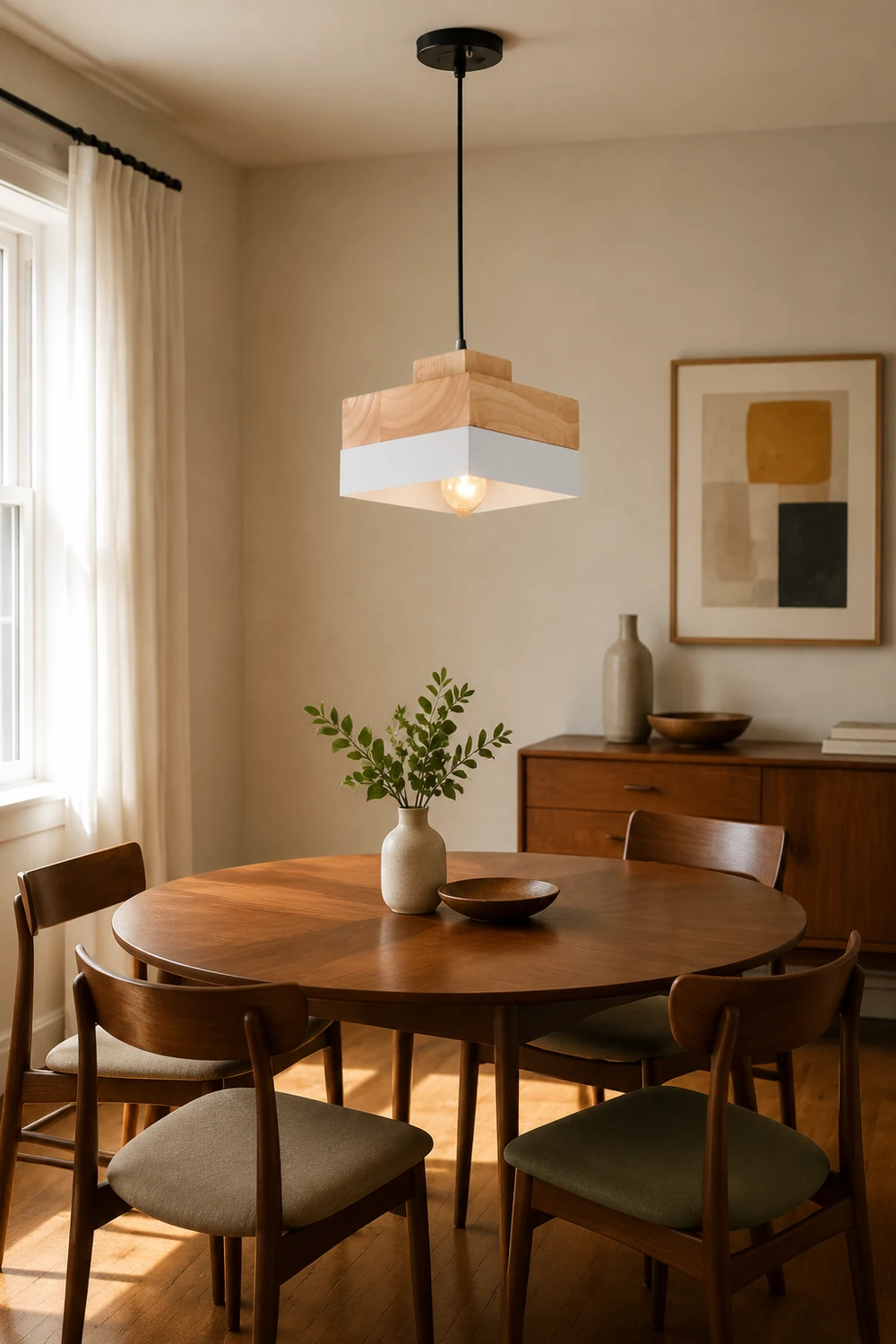Morandi Modern Square Round Pendant Light Black White Metal Wood Living Room - Lumpaz