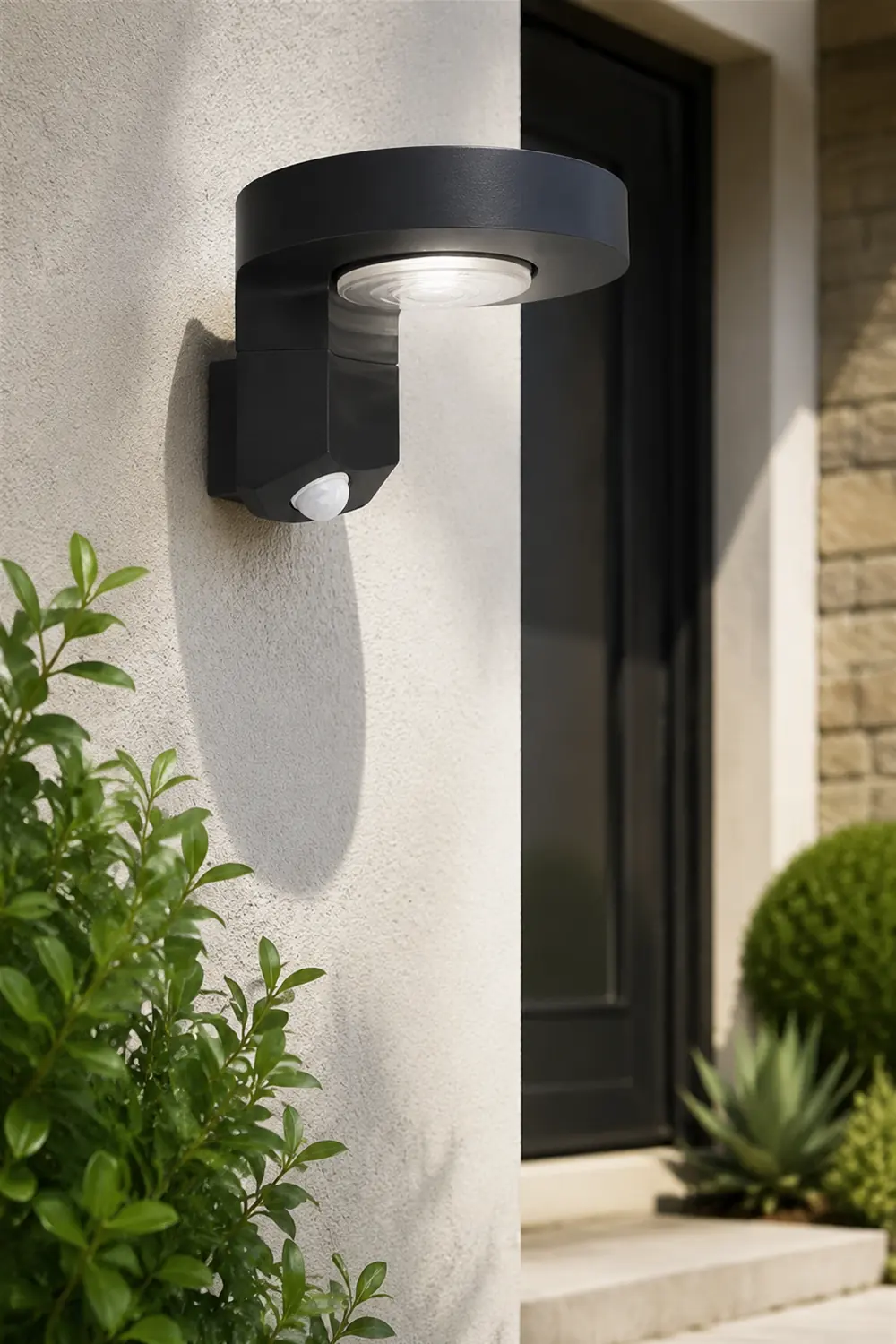 Orr Modern Round Metal/Acrylic Sensor Solar Waterproof Outdoor Wall Lamp, Black - Lumpaz